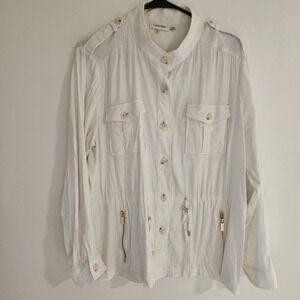 Calvin Klein Women Utility Trucker Jacket White XL‎ Cargo Drawstring Buttons